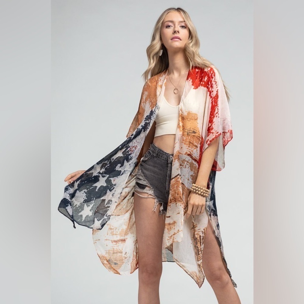 Ruggine Vintage Inspired American Flag Print Sheer Kimono Side Slits One Size